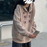 Zip-up Women Korean Style hoodies Vintage butterfly Pocket Long Sleeve Oversized Hooded Sweatshirt Y2K Women Casual Large Coats