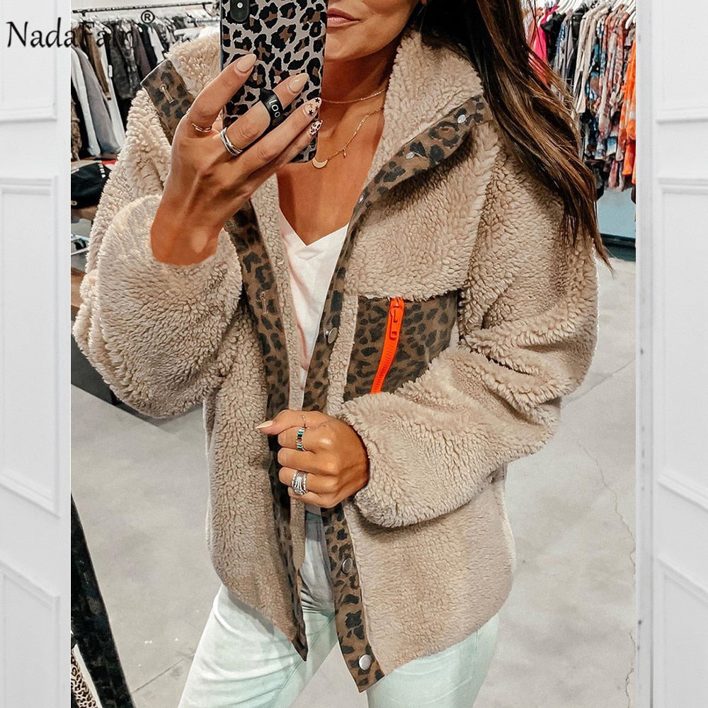 Christmas Gift Nadafair Winter Fuax Fur Jacket Coat Leopard Patchwork Buttons Lazy Fluffy Plus Size Teddy Coat Women Plush Casual Overcoat