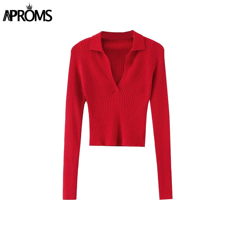 Aproms Vintage Candy Color V-neck Ribbed Knitted Sweaters Women Long Sleeve Soft Bodycon Pullovers 2023 Spring Stretch Jumpers