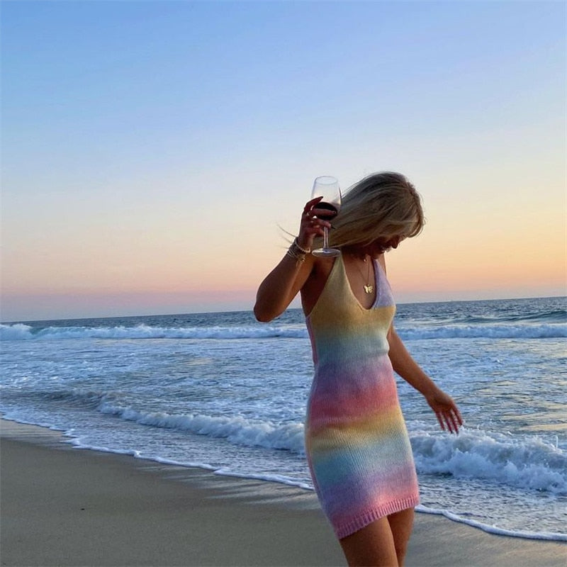 Billlnai V-Neck Knitted Dress Tie-Dye Holiday Party Backless Beach Cover-Up Dress Bodycon Slim Sleeveless Summer Mini Sweater Dress