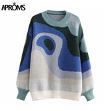 Aproms Elegant Luxe Blue White Knitted Women Pullover Autumn Winter Printed Loose Sweater Lady Long Sleeve Soft Jumpers Pull Top