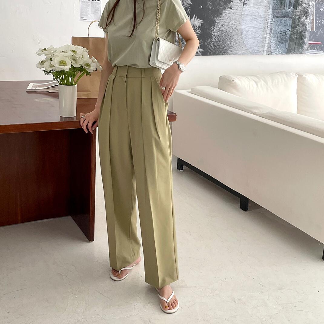 Summer Korean Office Lady Straight Trousers Loose solid High Waist Wide Leg Long Pants Women Casual Pantalon Pour Femme 2023
