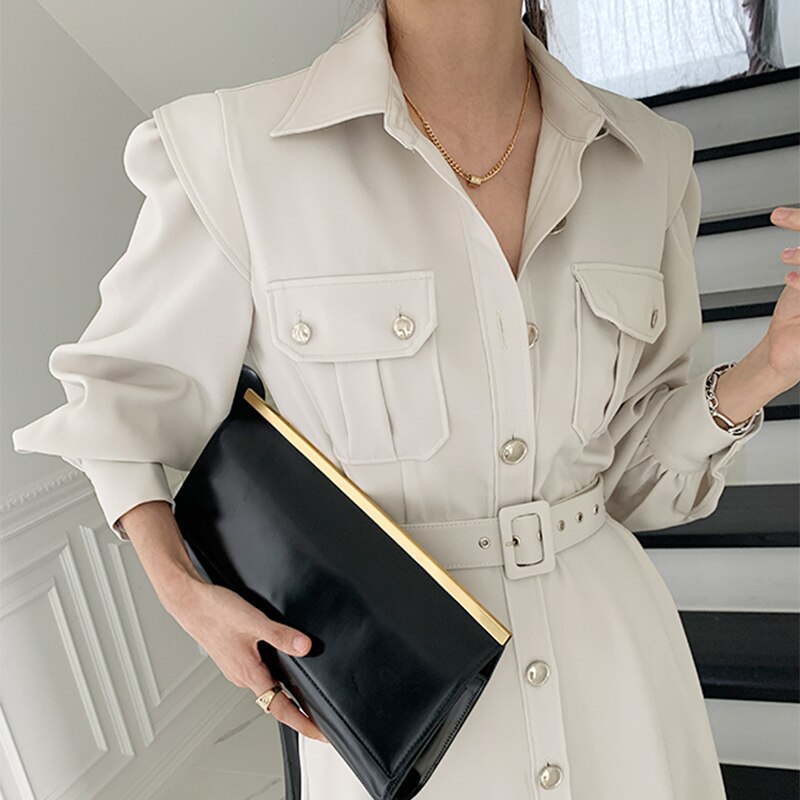 Spring Autumn Women New Fashion Female Puff Sleeve Vintage Solid Midi Shirt Dress Casual Single Breasted Waistband Chic Dress