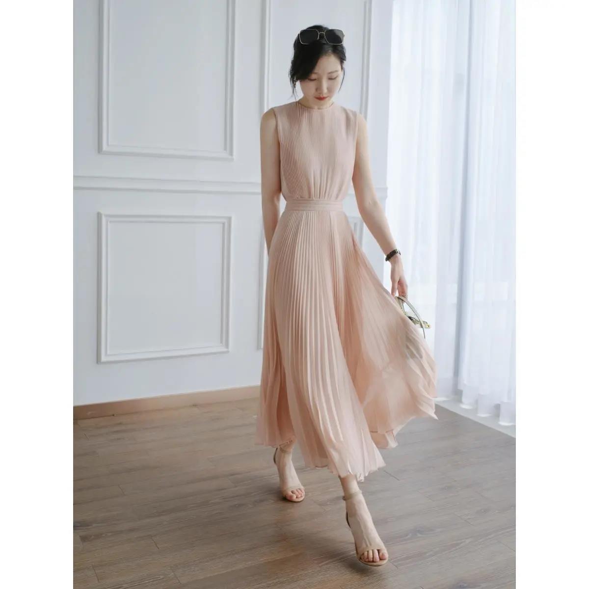 Billlnai French Sweet Pink Vest Dress Women Romantic Elegant Pleated Long Dress Ladies Office 2023 New Summer