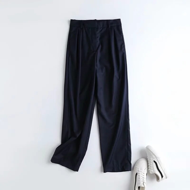 Christmas Gift Withered england simple fashion navy pleated casual ankle suit pants women pantalones mujer pantalon femme trousers women sets