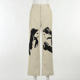 WeiYao E Girl Streetwear Cargo Pants Sweethearts Stare Print Long Beige Trousers 90s Aesthetic Korean Mid Waist Casual Pants y2k