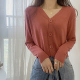 Ladies button V-neck pullover sweater women's fall winter 2023 new outer solid color cardigan long-sleeved short knitted tops
