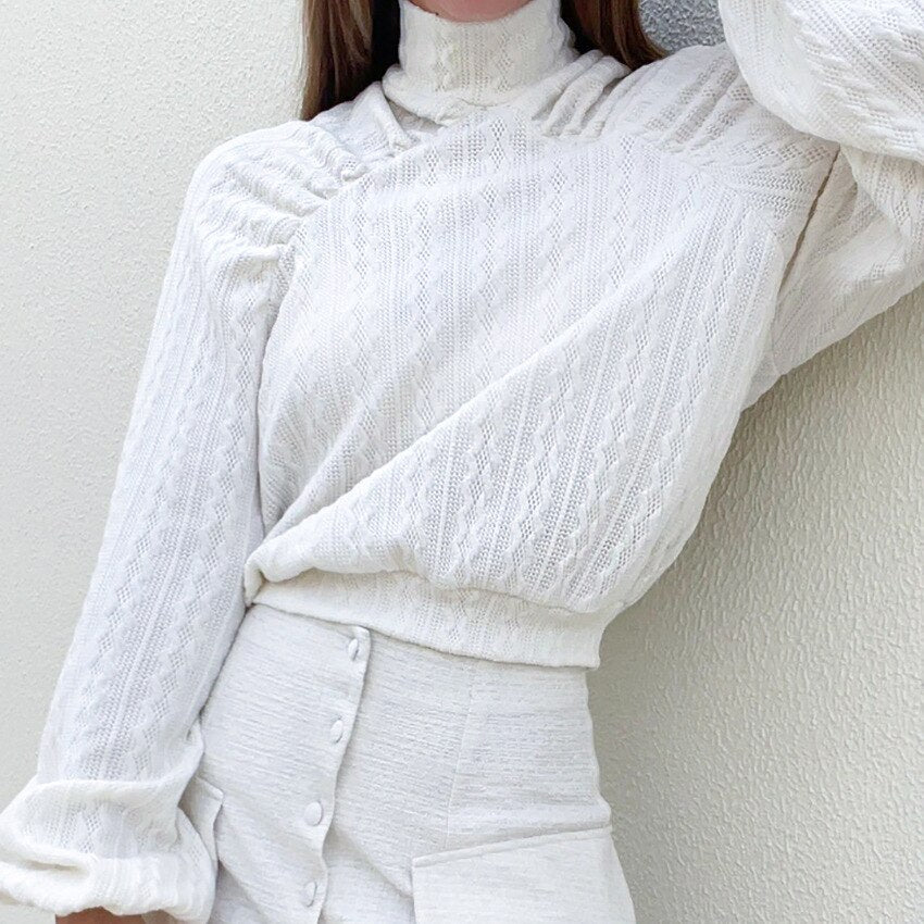 2023 Solid Knitted Shirt Womens Turtleneck Lantern Sleeved Warm Crop Top Elegant Casual Autumn Winter Pullover White T Shirt