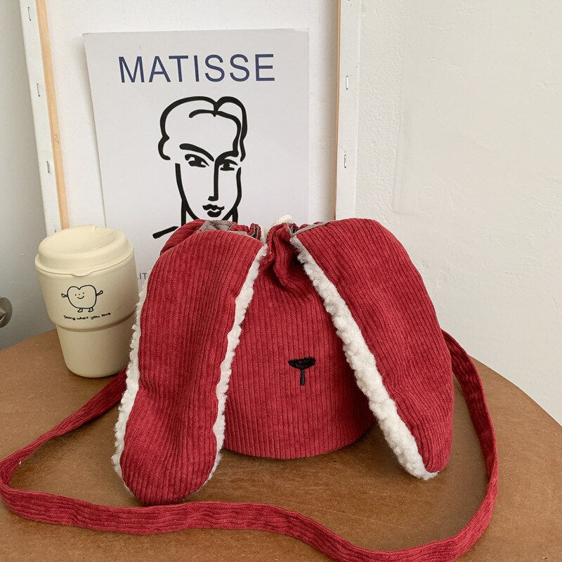 Youda Winter New Women Design Cute Rabbit Bucket Bags Corduroy Crossbody Bag Small Fashion All-match Student Pack for Girl