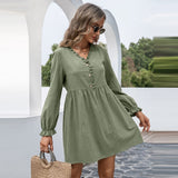 Autumn 2023 Women's Clothing New Pure Color Elastic Waist Pullover Cotton Wood Ear Collar V-Neck Bubble Long Sleeves Dress Woman