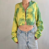Cryptographic Fall 2020 Girls Green Oversized Cardigan Crop Top Sweater Knitted Cute Long Sleeve Pins Sweaters Tie Dye Cartigans