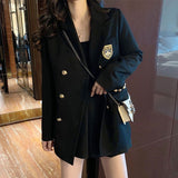 Billlnai Preppy Style Black Badge Suit Jacket Women New 2023 Autumn Harajuku Korean Mid-Length Loose Casual Suit Coat High Street Wear