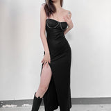 Billlnai  2023  Summer Hot Women's Clothes Sexy Bright Black Spaghetti Strap Backless Split Maxi Dress Casual Evening Party Dresses