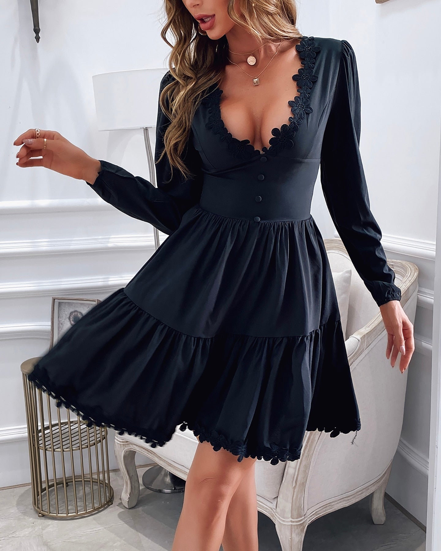 Thanksgiving Day Gifts 2023 Autumn Women Fashion Elegant Casual V Neck Buttoned Sweet Mini Sexy Solid Dress Solid Long Sleeve Lace Skinny Waist Dress