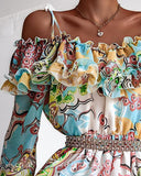 Cyber Monday Big Sales Fashion Cold Shoulder Ruffles Frill Hem Graphic Print Long Sleeve Fairy Flower Sundress Summer Women's Dress Femme Robe Longue