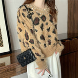 Beading Leopard Short Knit Sweater Women Autumn Winter O-Neck Oversized Pullover Korean Loose Jumper Female Casual Sweaters Top