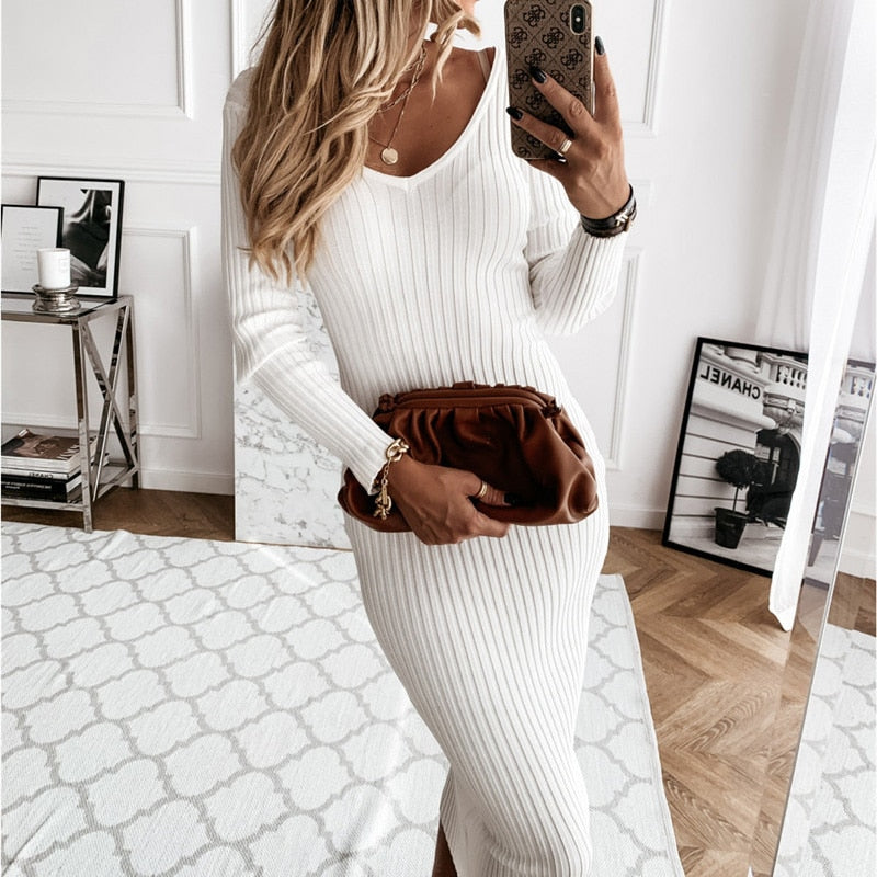 Autumn Ribbed Knitted Bodycon Dress Women Fashion V-neck Black Solid Basic Maxi Dresses Casual Long Sleeve Party Vestido