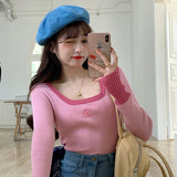 Korobov Korean Long Sleeve O Neck Women Sweaters Vintage Flower Embroidery Sueter Mujer Harajuku Hit Color Chic Jumper Femme