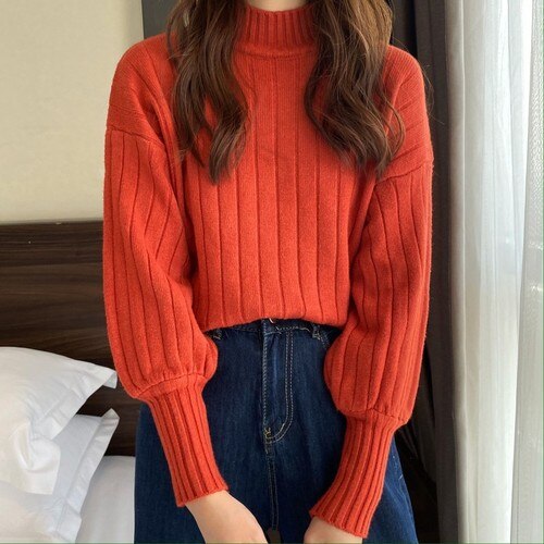 Women Pullover 2023 Fall New Lazy Lantern Sleeve Solid Color Simplee Half High Neck Knitted Sweater Fashion Casual Top