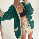 Knitted Cardigan Women Korean Fashion Retro Casual Argyle Plaid V-Neck Coat Sweater Female Ins Oversized Pocket Knit Jacket