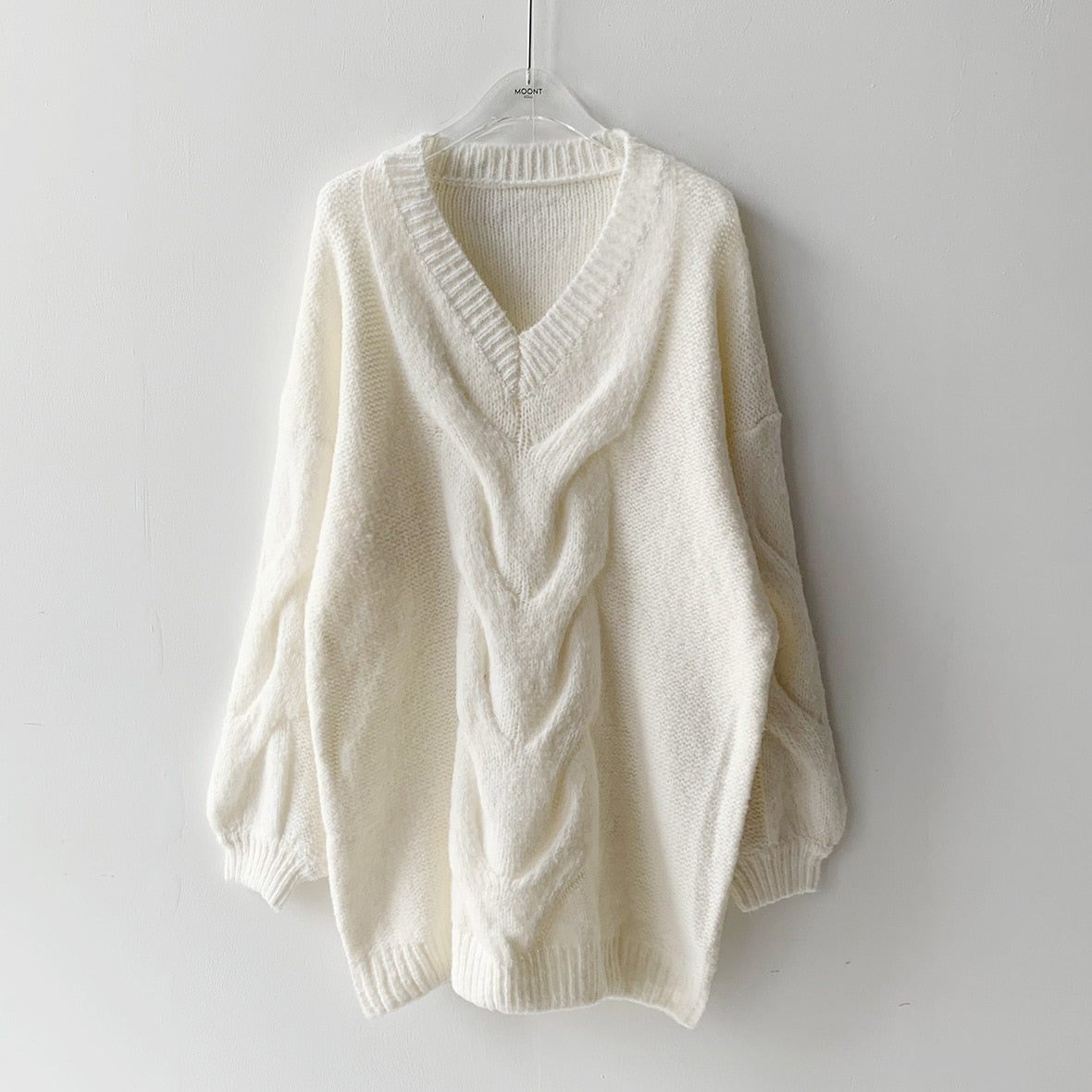 Tossy 2023 New Long Sleeve Sweater Dress Women Autumn Winter Oversized Sweater Casual White V-Neck Pullover Loose Knit Dress