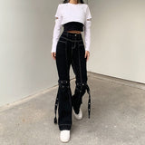 Billlnai Buckle Black Punk Goth Jean Fashion Woman Techwear Dark Academic Print E Girl Cargo Pants Low Waist Denim Trousers