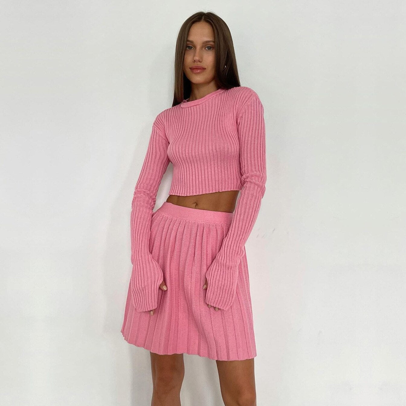 Tossy Knit Two Piece Sets Mini Pleated Skirt Suits Long Sleeve Cropped Sweater Top For Women 2023 Casual Outfits Matching Sets