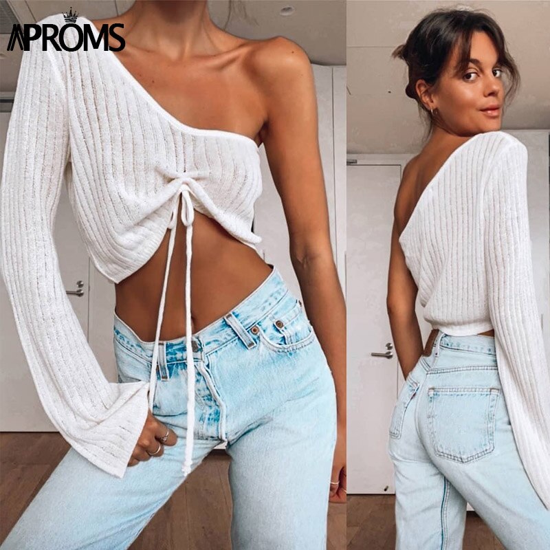 Aproms Sexy One-Shoulder Ruched Sweater Women Casual Flare Sleeve Drawstring Knitted Pullovers Streetwear Gray Soft Basic Top
