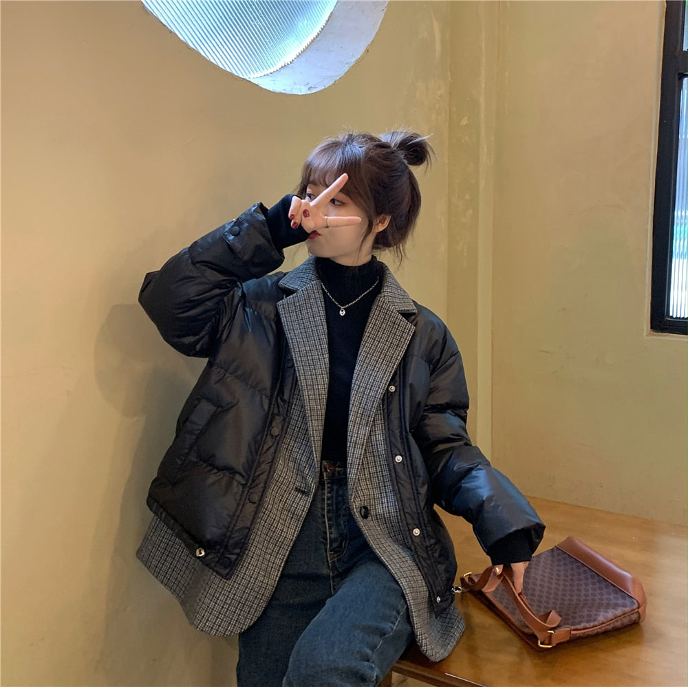 Fake two pieces winter thick cotton-padded jacket 2023 new female Korean version loose mid-length plaid black parkas