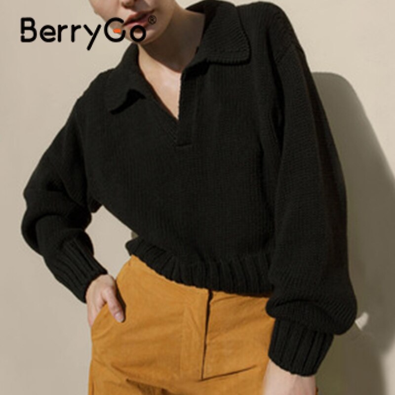 BerryGo Autumn winter polo pullovers women Casual long sleeve sweater female Solid knitted crop tops lady knitted jumper 2023