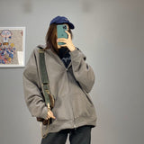 WeiYao Harajuku Korean Hooded Sweatshirts Women Winter Solid Zip Up Loose Jacket Coats Vintage Long Sleeve Oversized Hoodies