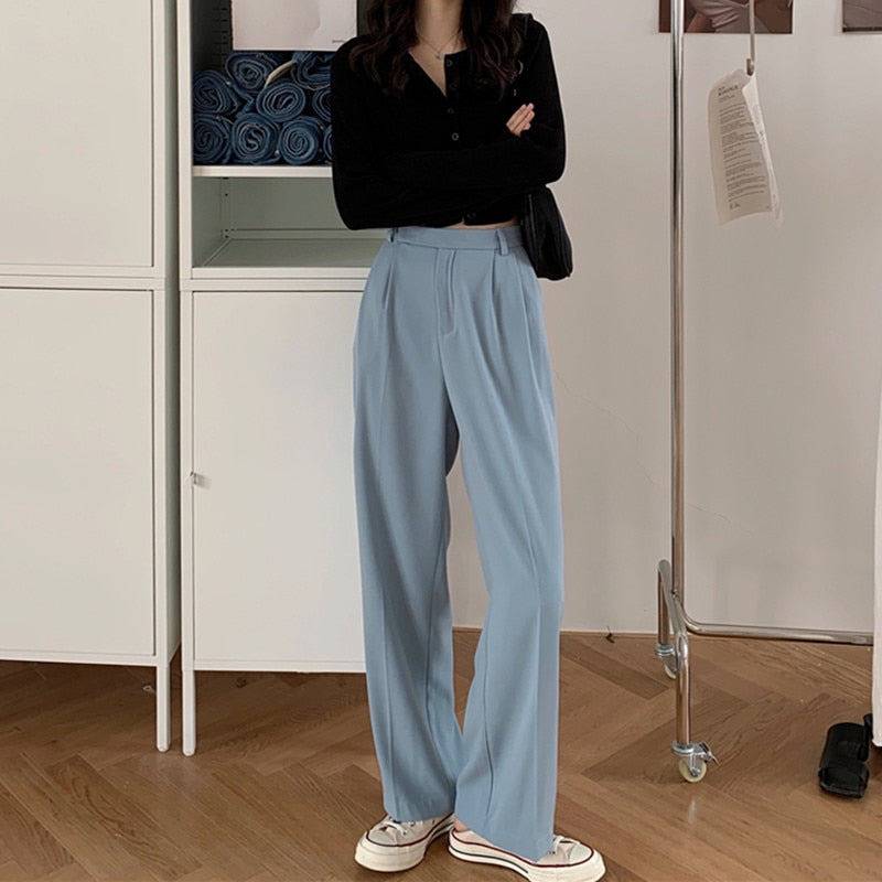 Korean Fashion Summer Suit Pants Straight Trousers Women Vintage Solid Color Loose Casual Wide Leg Long Pant 2023 New Fashion