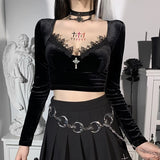 Billlnai 2023 Graduation party  Gothic Black Tops Woman Clothes Sexy Velvet Patchwork Lace Crop Top Autumn Winter Punk Deep V Neck Long Sleeve T-Shirts