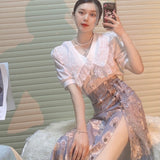 Billlnai  2023  2 Piece Set Women Casual French Lace Blouse+Vintage Midi Floral Skirts Fashion Suits Female Korean Style Office Lady Summer