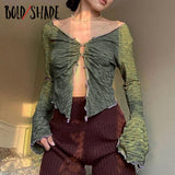Bold Shade Fairy Grunge Indie T-shirt Flare Sleeve V-Neck Ruched Sexy Aesthetic Fashion Tees Thin Women Unicolor Hollow Out Tops