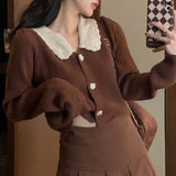HOUZHOU Vintage Brown Sweater Women Autumn Korean Style Y2K Long Sleeve Knitted Cardigan Preppy Style Girls Causal Crop Top