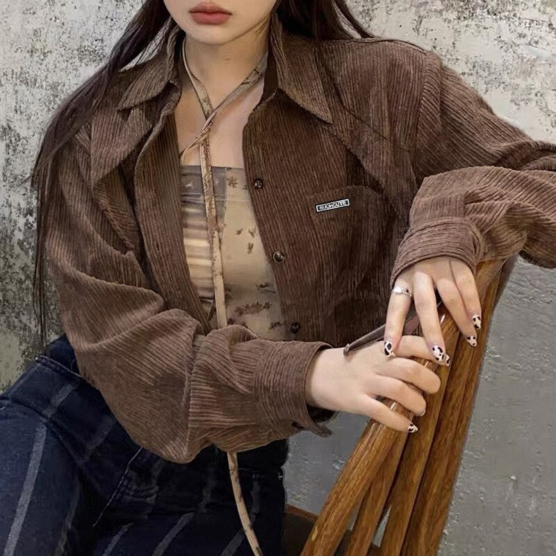 WeiYao Turn Down Collar Long Sleeves Corduroy Jacket with Pocket 2023 Women Autumn Winter Streetwear 90s Preppy Style Blouse Top