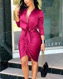 Thanksgiving Day Gifts 2023 Women Spring Autumn Elegant Lace-Up Solid Color Long Sleeve Midi Dress V Neck Ruched Buttoned Solid Red Shirt Dress Party
