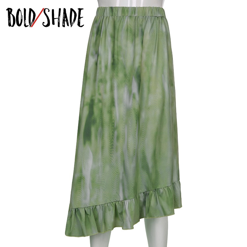 Bold Shade Tie Dye Printed Ruffles Midi Skirt Green Fairy Core Aesthetic Y2K Indie Women Skirts Aline Autumn Slim Clothes 2023