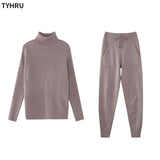 TYHRU Autumn Winter Women's tracksuit Solid Color Striped Turtleneck Sweater and Elastic Trousers Suits Knitted Two Piece Set