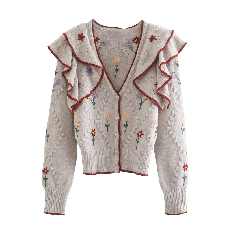 Billlnai Fashion Cardigan Mujer Floral Embroidery Ruffled Knitted Cardigan Sweater Vintage Long Sleeve Pull Female Outerwear Tops