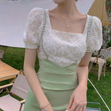 Billlnai  2023 Summer French Lace Vintage Dress Women Design Korean Style Square Collor Short Sleeve Midi Dress Female 2 Piece Set Chic