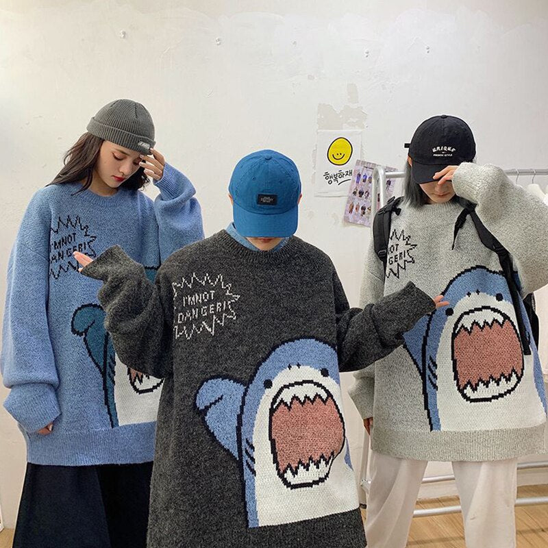 Women Sweater Oversized Pullovers Autumn Winter Harajuku Shark Print Knitting korean Fashion Y2K Jumpers Loose Pullover Clothes