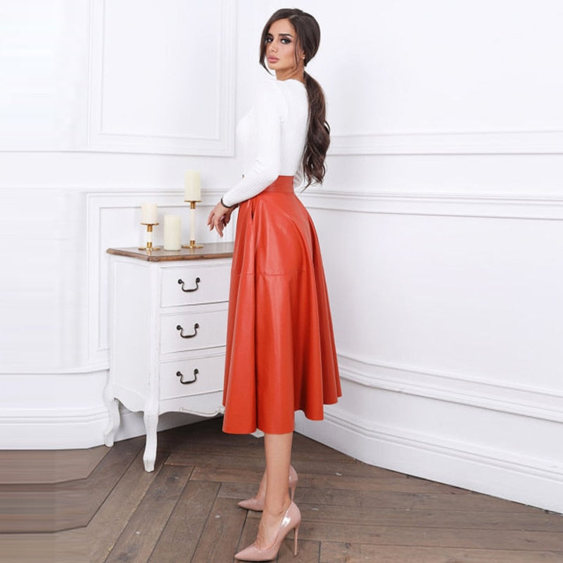 Churses Casual PU Leather A-Line Skirts Autumn Solid Color Elegant High Waist Office Lady Long Skirts 2023 New Arrival