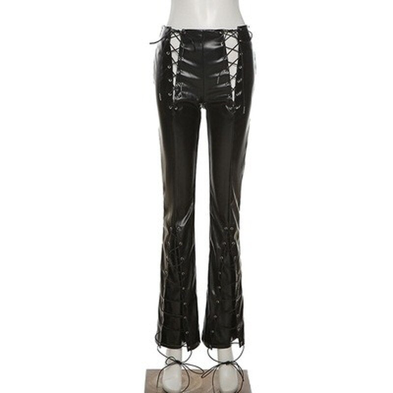 WeiYao New Faux PU Leather High Waist Bandage Pants 2023 Women Pants Clothing Fashion Hipster Street Style Long Trousers Hot