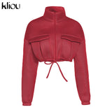 Kliou Mesh Plaid Autumn Spring Coat Women Trend Turtleneck Zipper Pocket Crop Jacket Solid Slim Drawstring Female Outerwear Hot