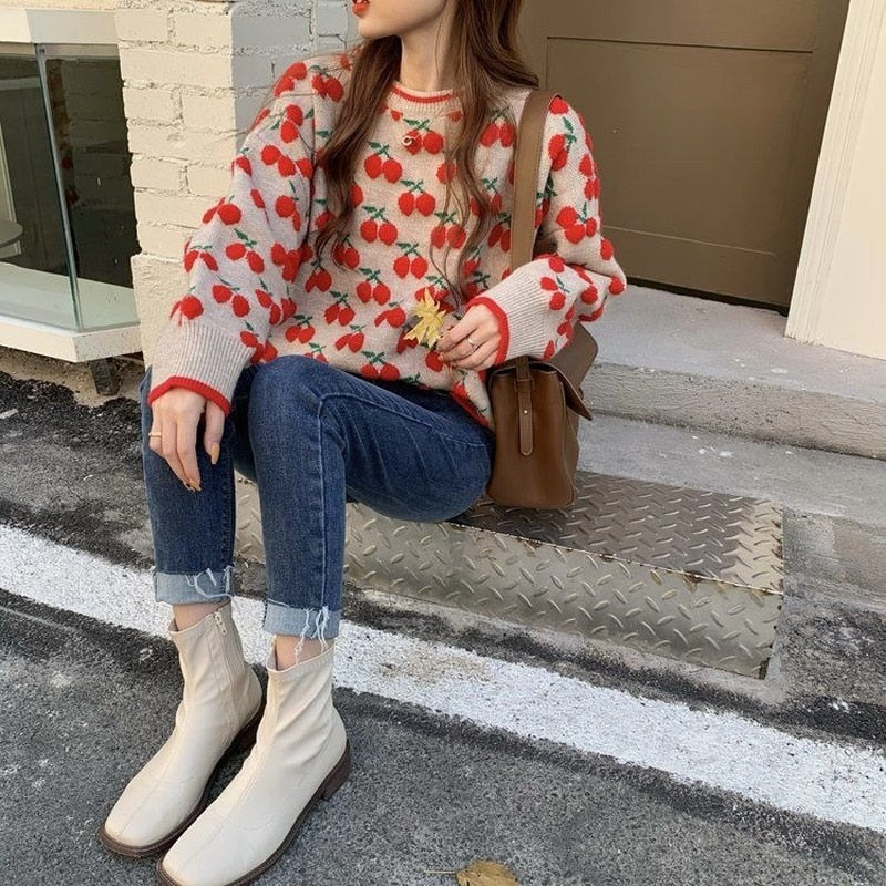 Korobov 2023 Autumn Winter New Women Embroidery Knit Pullovers Korean Long Sleeve Hit Color Patchwork Sweaters Women Jumper