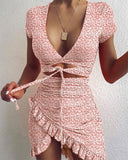 Cryptographic Floral Print Fashion Tie Up Wrap Mini Dress 2023 Summer Holiday Ruffles Sundress Ruched Women's Dress Short Sleeve