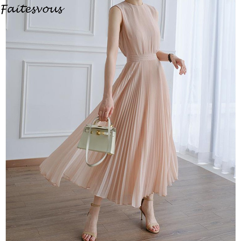 Billlnai French Sweet Pink Vest Dress Women Romantic Elegant Pleated Long Dress Ladies Office 2023 New Summer