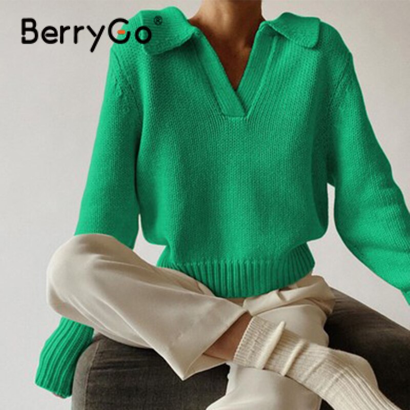 BerryGo Autumn winter polo pullovers women Casual long sleeve sweater female Solid knitted crop tops lady knitted jumper 2023